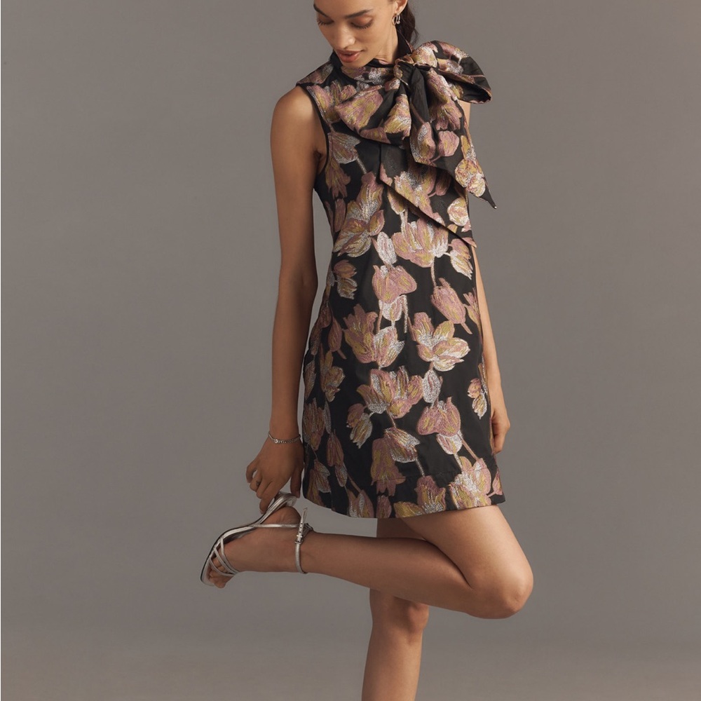 Maeve Caroline Sleeveless Bow Tie Neck Jacquard Black and Pink Floral Mini Dress